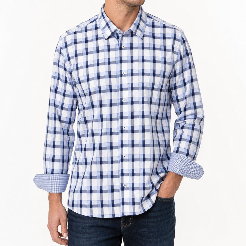 Bugatchi Uomo Shirt Mens Large Blue Navy Check Plaid Flip Cuffs Long Sleeve